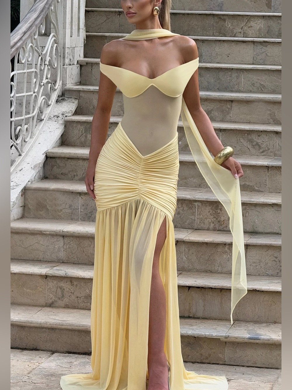 Off-Shoulder Yellow Ruched Maxi Dress with Sheer Skirt - babyboo